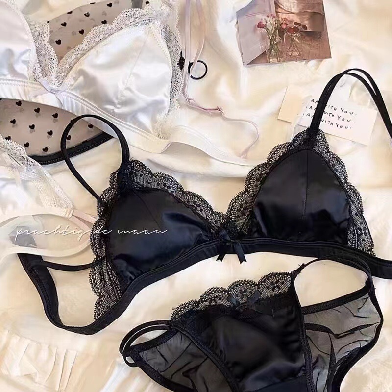 French-Style Simple and Sexy Lace Wireless Triangle Cup Thin Bra Set for Large Busts, Minimizing and Anti-Sagging