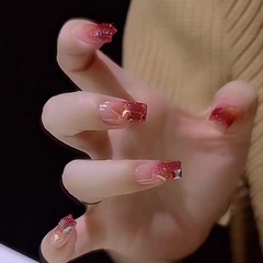 新年爆閃美甲氣質顯白中長款極光紅鑽漸變穿戴美甲指甲片新娘美甲