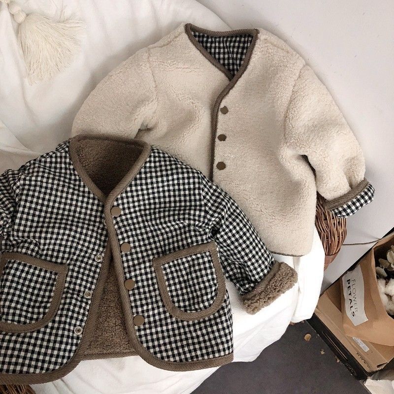 2026 Winter New Style Reversible Korean-Style Lamb Wool Plaid Cotton Jacket Korean Thickened Coat for Boys and Girls