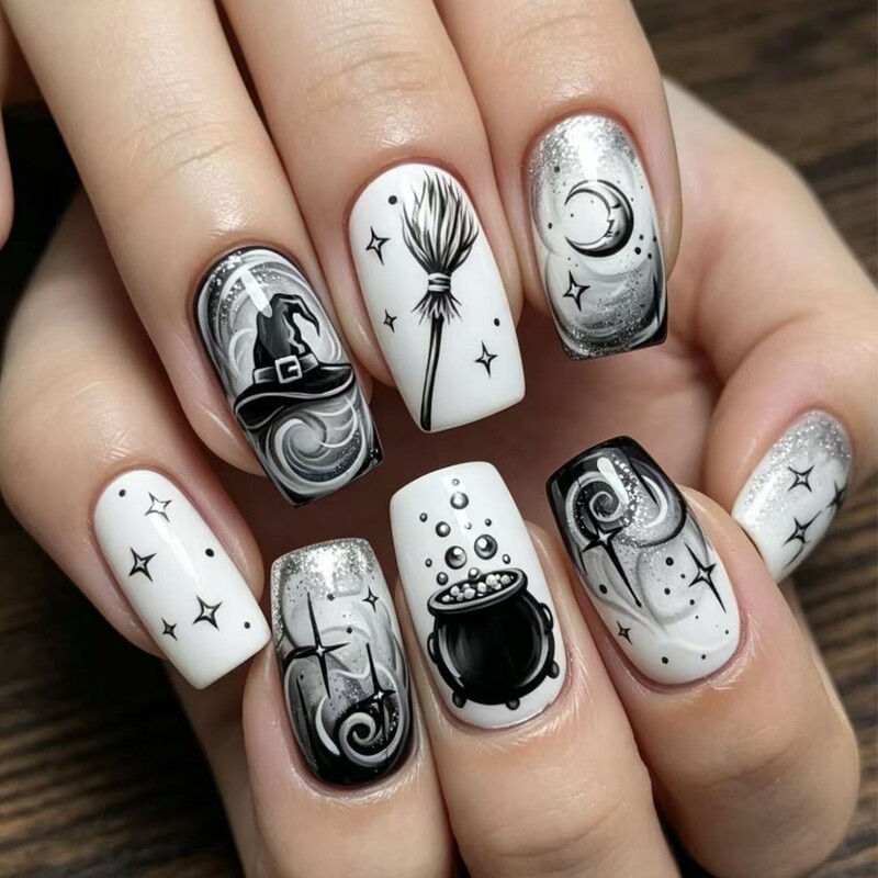 Halloween Dark Witch Starry Sky False Nails, European and American Style, Black and White Hand-Painted Press-On Nails Halloween Dark Witch Starry Sky False Nails, European and American Style, Black and White Hand-Painted Press-On Nails