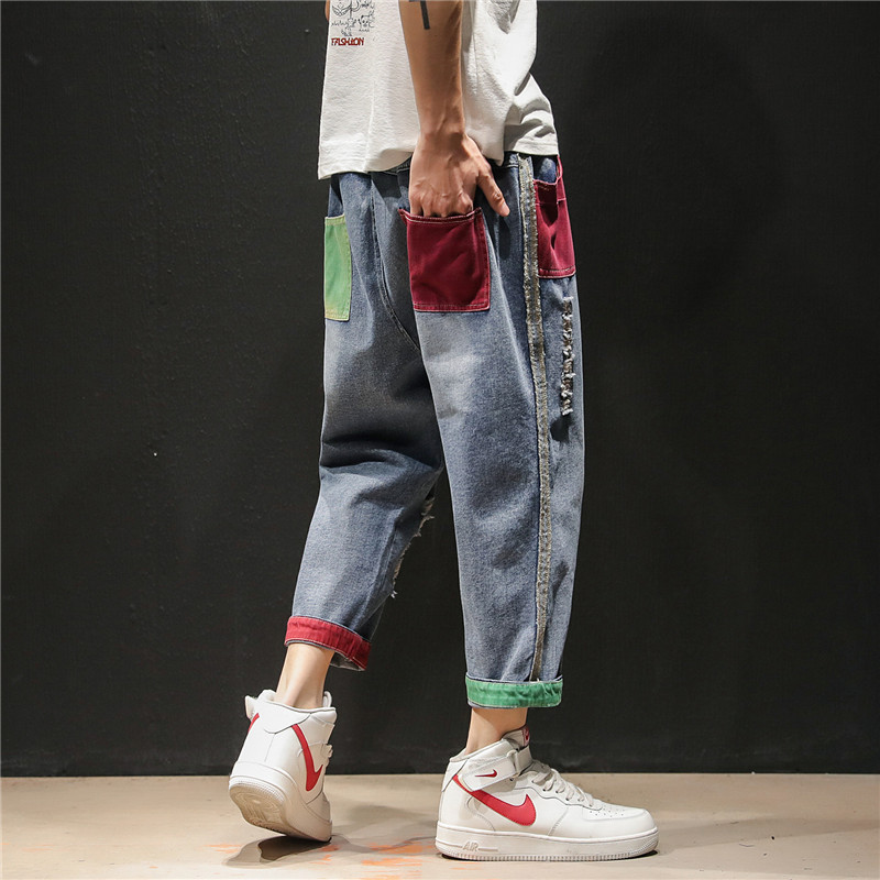 Jeans Men's 2019 Summer and Autumn Loose Straight Ripped Cropped Pants Color-matching Japanese Youth Loose Harem Pants for Men