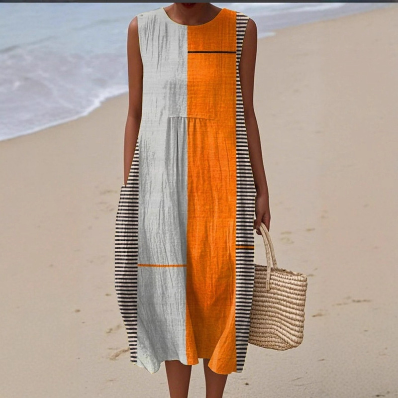New Amazon Cross-Border Summer Sleeveless Pocket Casual Printed Elegant Long Dress Straight-Cut Fresh Style New Amazon Cross-Border Summer Sleeveless Pocket Casual Printed Elegant Long Dress Straight-Cut Fresh Style