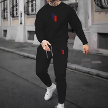 跨境热卖秋冬时尚简约休闲3D数码印花男士圆领两件套运动卫衣套装