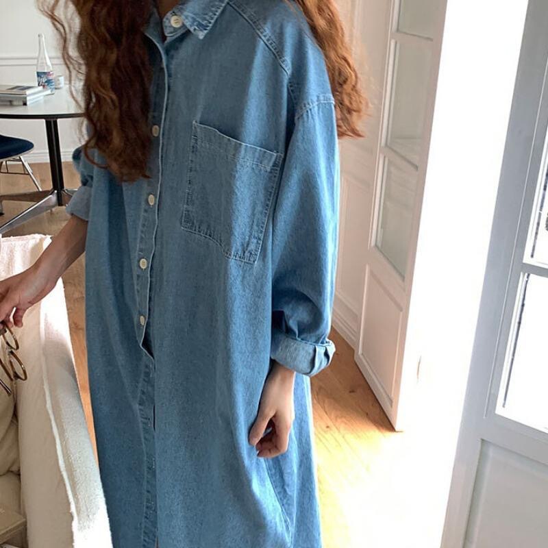 South Korea Chic Autumn Simple Lapel Single-breasted Loose Shirt Dress Casual Long-sleeved Denim dress South Korea Chic Autumn Simple Lapel Single-breasted Loose Shirt Dress Casual Long-sleeved Denim dress