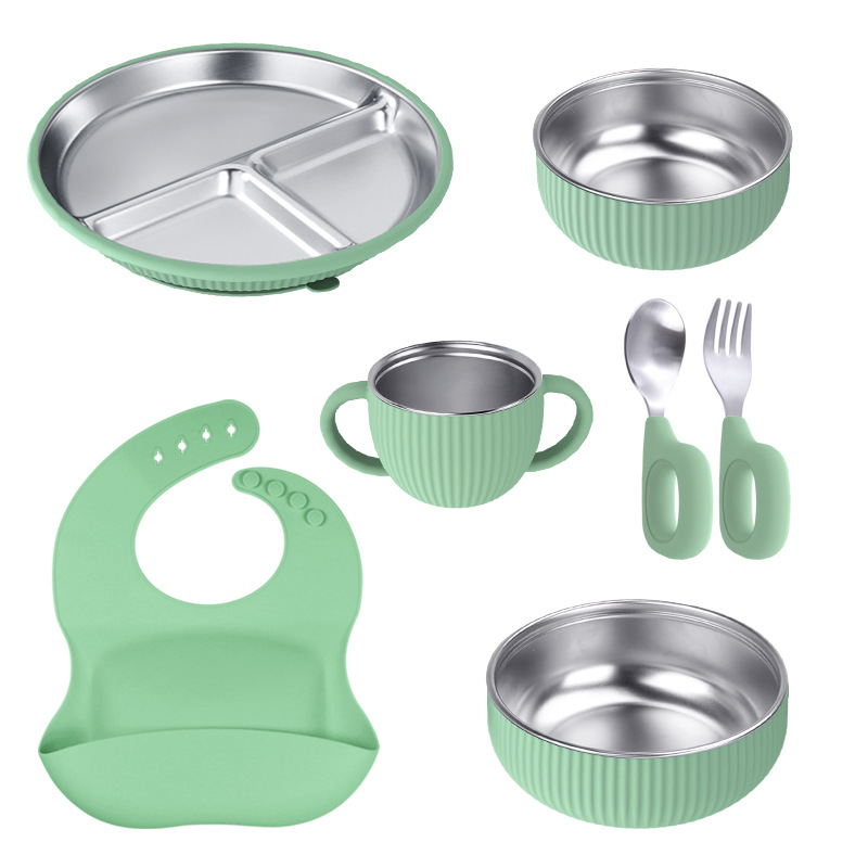 Venta directa de fábrica, vajilla infantil de silicona y acero inoxidable, juego de vajilla creativo de acero inoxidable, tazón de silicona infantil.