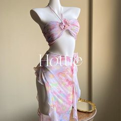 New pink floral two-piece swimsuit set for women, vacation beach style, small bust, Ins pure desire