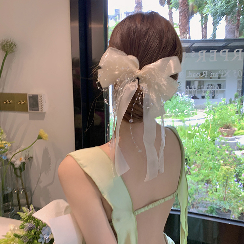 超仙網紗夏蝶結びヘアクリップ多層リボン水玉チェーンスプリングクリップ高級感後頭部ヘアアクセサリー|undefined