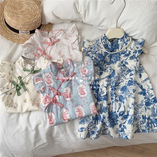New Chinese Style dress Girl's Summer Children's Sweet Fresh Style Modified National Style Buckle Cheongsam Skirt Thin Floral