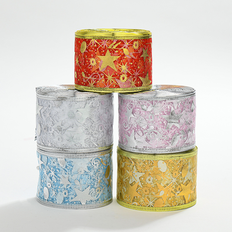 Venta caliente transfronteriza Navidad 2/5 M de doble capa dorado cinta de malla impresa gancho estrella de cinco puntas cinta de alambre de nylon