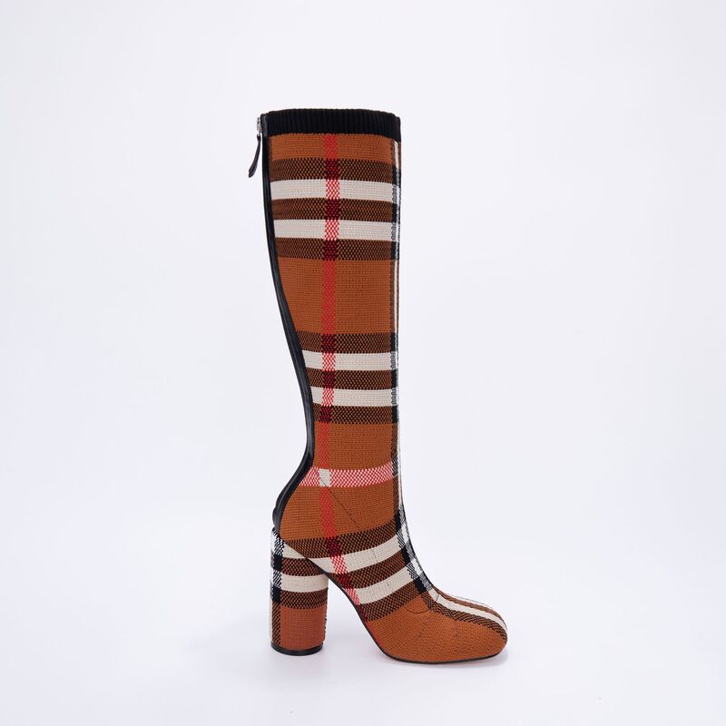 Brown Plaid Women's Elastic Fly-Knit Knee-High Boots Handmade Women's Shoes Manufacturer European and American Tight Plaid Fashion Round