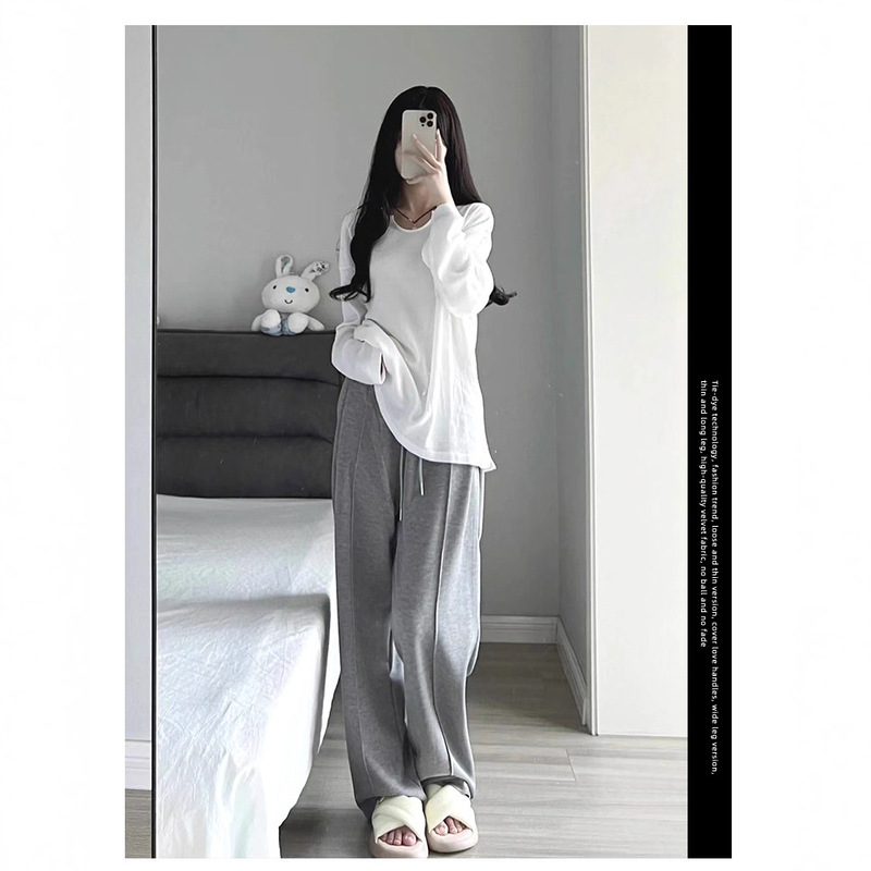 女装灰色阔腿裤女秋冬高腰垂感显瘦百搭潮流微弹宽松直筒休闲卫裤|undefined