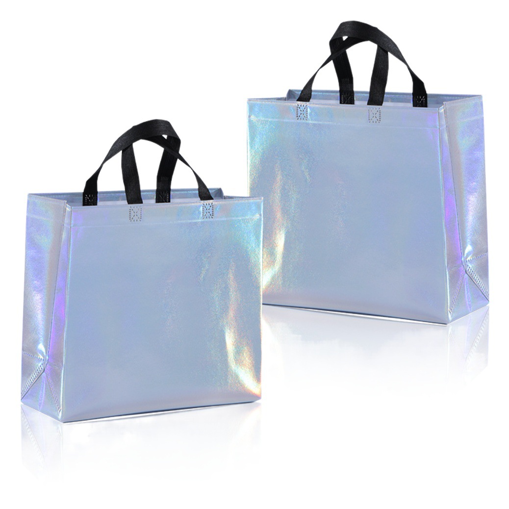 Bolsa de láser engrosada bolso transfronterizo arco iris no tejido marca de moda bolso de regalo de embalaje de compras de las mujeres logotipo impreso