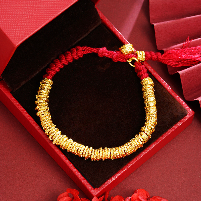 Guochao antiguo pulsera de oro martillo retrógrado anillo de oro estricado cintura universal cuerda roja tejida pulsera no se desvanece joyas