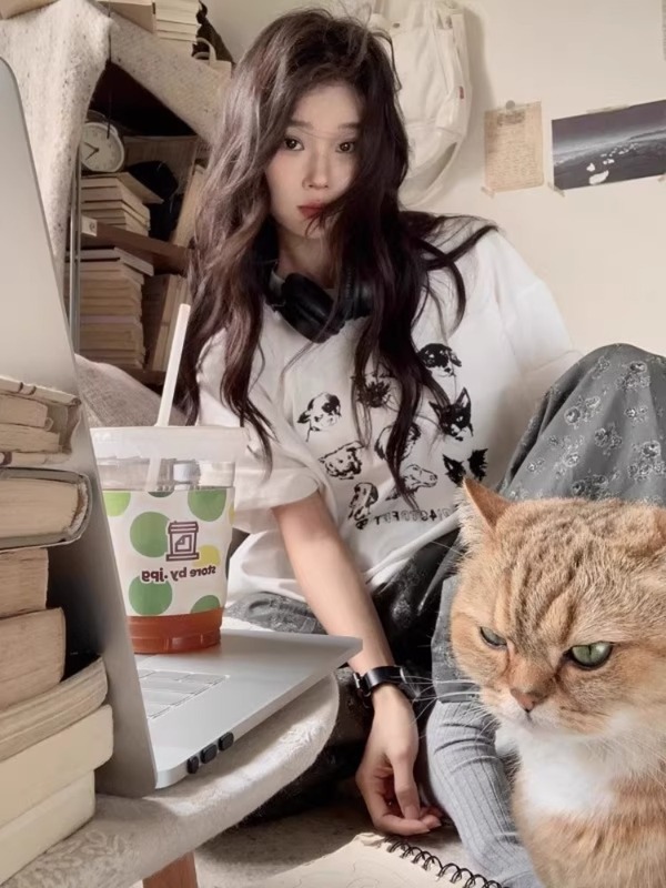 韓国シックで楽しい九方格子アニマルプリント半袖Tシャツレディース夏純綿ルーズスリムコットントップ|undefined