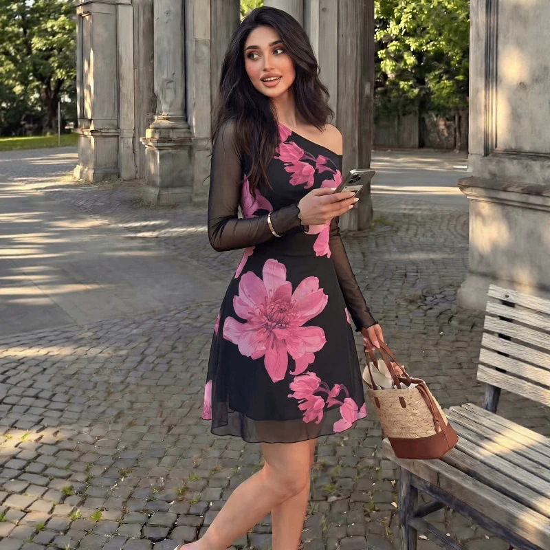 European and American cross-border women's autumn elegant mesh floral print asymmetrical collar A-line long-sleeve short dress European and American cross-border women's autumn elegant mesh floral print asymmetrical collar A-line long-sleeve short dress