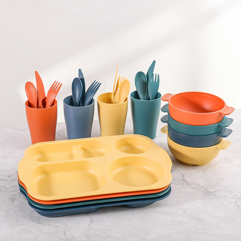 Plato de comedor para niños 24 piezas set de paja de trigo jardín de infantes anti-caída taza de plato de comedor cuchillo y tenedor cuchara set