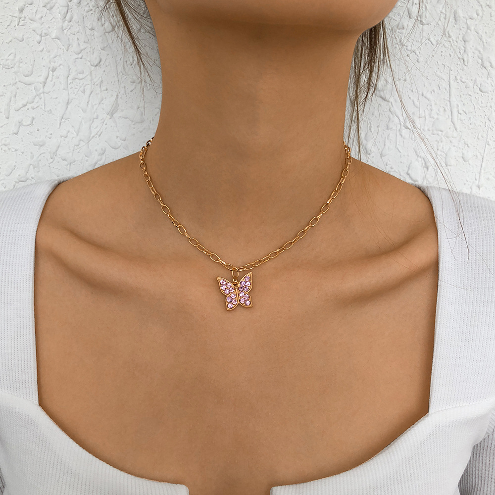N9514 Ornament Simple Single Layer Butterfly Full Diamond Europe and America Cross Border Sweet Clavicle Necklace Necklacepicture1