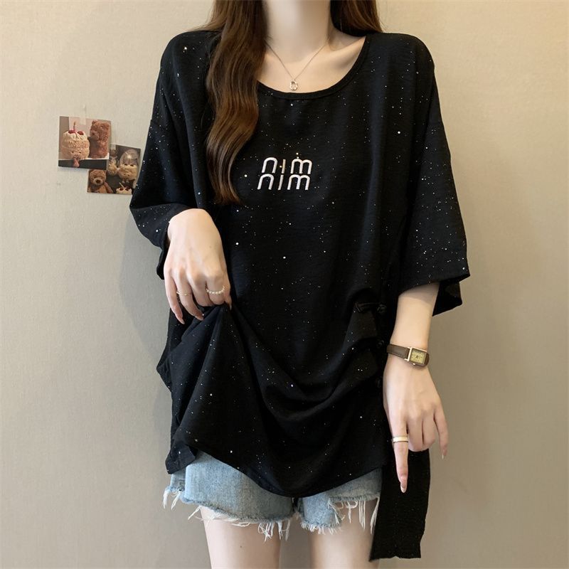 Nueva camiseta de manga corta con hebilla de disco de estilo nacional chino para mujer verano nuevo estilo suelto y delgado top de lentejuelas con pliegues irregulares para mujer ins