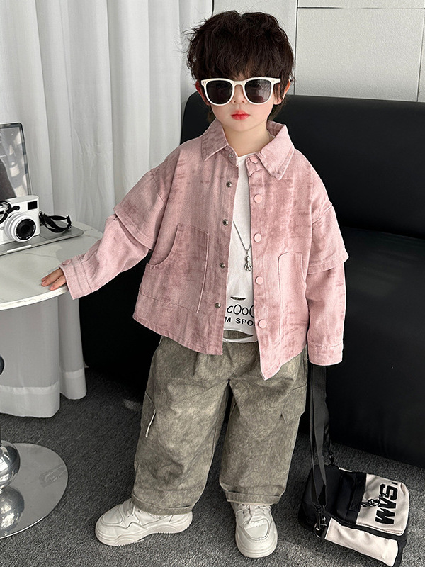 7060 traje de primavera y otoño para niños 2025 nuevo estilo teñido anudado para niños abrigo guapo traje de tres piezas versión coreana de moda para bebés