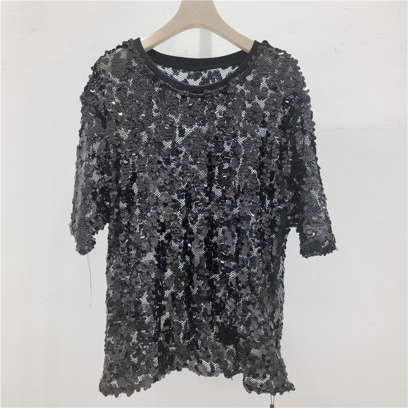 Camiseta de manga corta de estilo europeo y americano con sequinado de moda coreana de media manga guapo brillante chaqueta de media manga suelta image 6