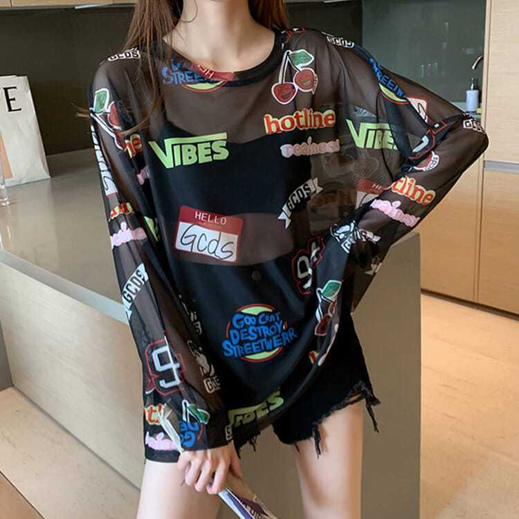 トムとジェリー アイスシルク日焼け止めブラウス Tシャツ レディース 夏 大きいサイズ ルーズ プルオーバー 長袖 薄手 メッシュ トップ|undefined