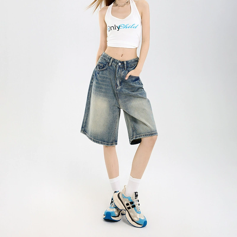 Spring summer trousers, denim skirt, shorts, high waist, loose straight fit