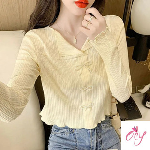 V-Neck Lace Base Shirt Women's Autumn Short French Niche Bow All-Match Long-Sleeved Western Style Top