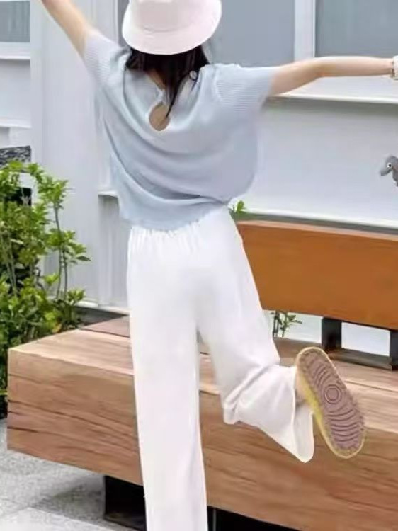 リラックスした夏服、ファッショナブルで高級感のある痩身と年齢軽減のブルー半袖カジュアルパンツの女性用2点セット|undefined