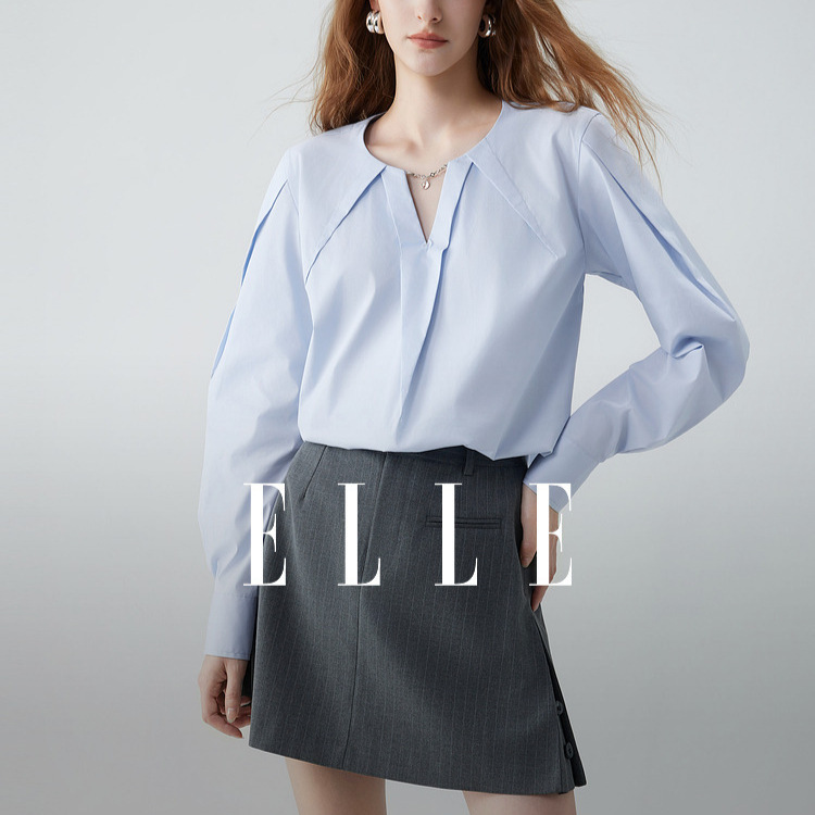 ELLE同款   蓝色v领短衬衫女2025秋新款极简通勤风休闲衬衣|undefined