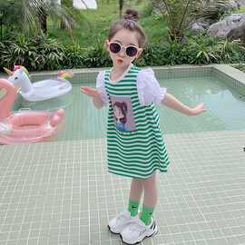女童连衣裙夏季条纹新款女宝宝夏装洋气儿童中长款T恤裙子洋气潮