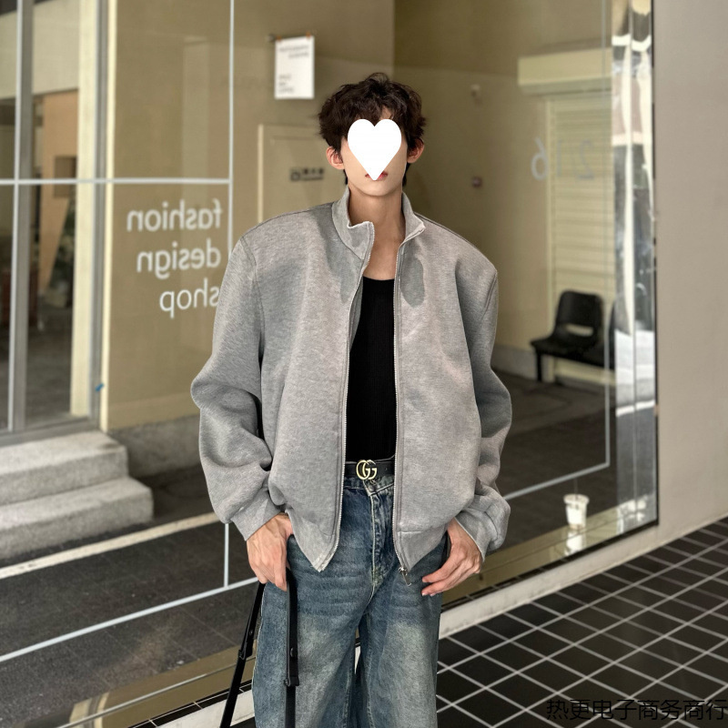 High-Quality Popular Floral Gray Niche Design Shoulder Pad Jacket Men's High-End Silhouette Short Style 2025