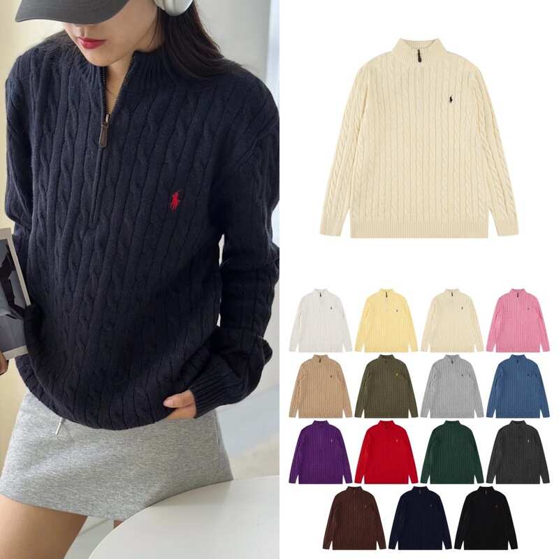 Ralph Lauren Horse Embroidery Half-Zip Cable Knit Sweater Autumn/Winter Half-Turtleneck Unisex Long Sleeve Warm Top