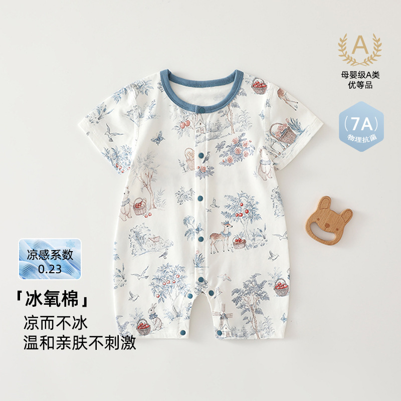Baby Summer Clothes, Class A, Thin Ice Oxygen Cotton, Summer Short-Sleeve Antibacterial Cooling Air-Conditioning Jumpsuit for Summer