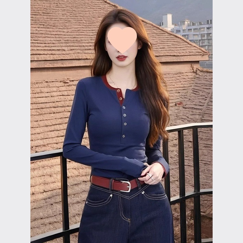 长袖打底衫女秋冬季2025新款撞色排扣修身恤设计感洋气内搭上衣|undefined
