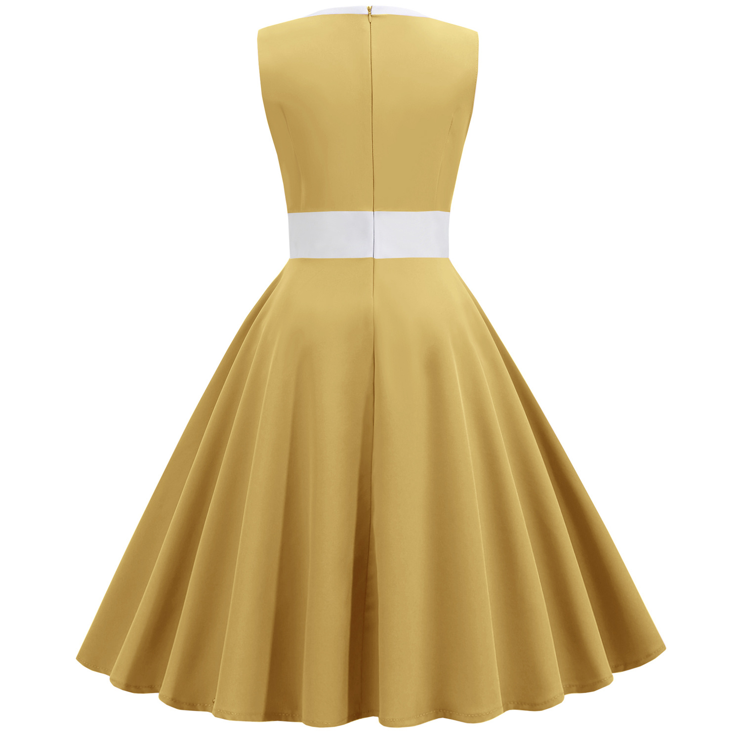  Femmes Hepburn rétro blanc rayure couture fausse simple boutonnage décoratif couleur unie grande jupe_voghion.com