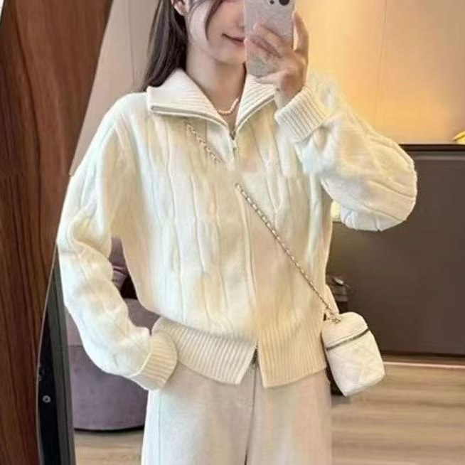 Korean Style Zipper Half Turtleneck Knitted Cardigan Sweater Jacket for Women Winter Design Loose Lazy Style Short Top