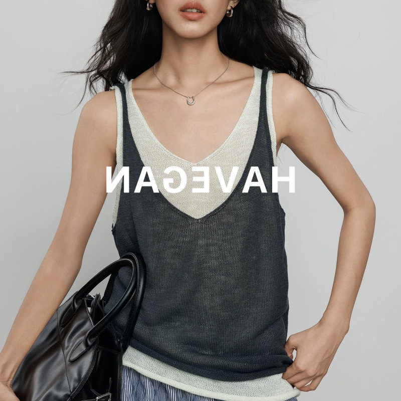 Havegan/Summer Fake Two-Piece V-Neck Knitted Vest for Women, Loose and Relaxed Old Money Style Top