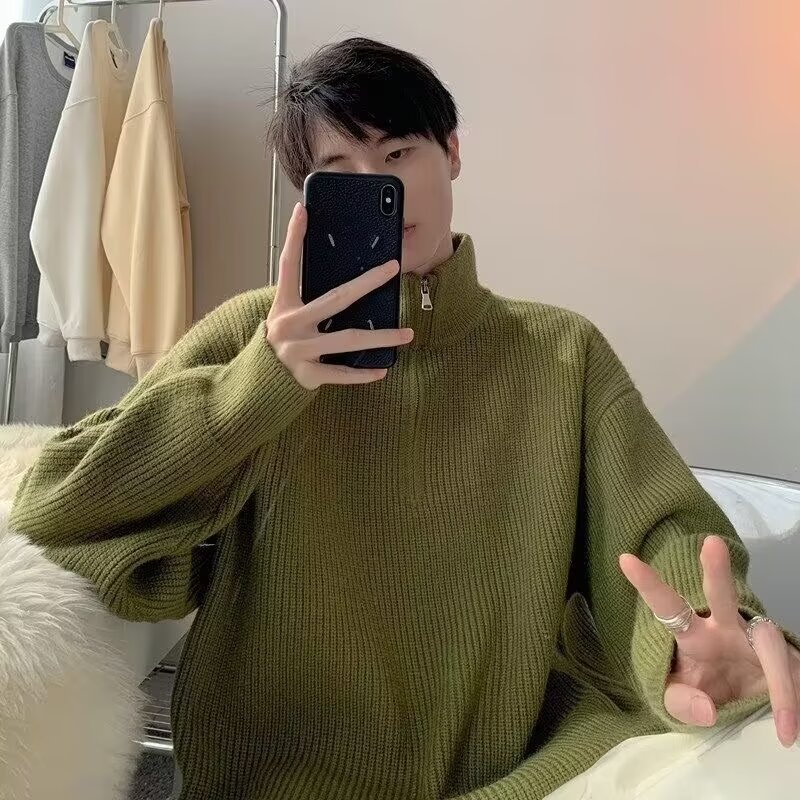 Japanese solid color base trend knitted sweater with zipper