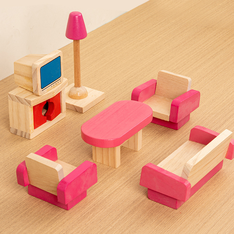 Divertido juguete de juego para niños 26 piezas de pequeños juegos de muebles mini muebles de madera simulación dormitorio cocina sala de estar