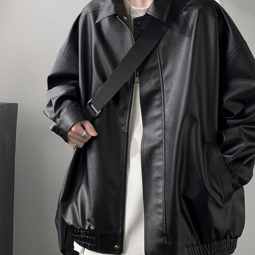 Vintage American-style leather jacket for men, autumn and winter, high-end cool punk streetwear loose PU lapel jacket.