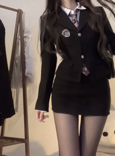 Pure lust style hot girl jk uniform college style age-reducing waist blazer shirt hip-covering short skirt fashionable three-piece set