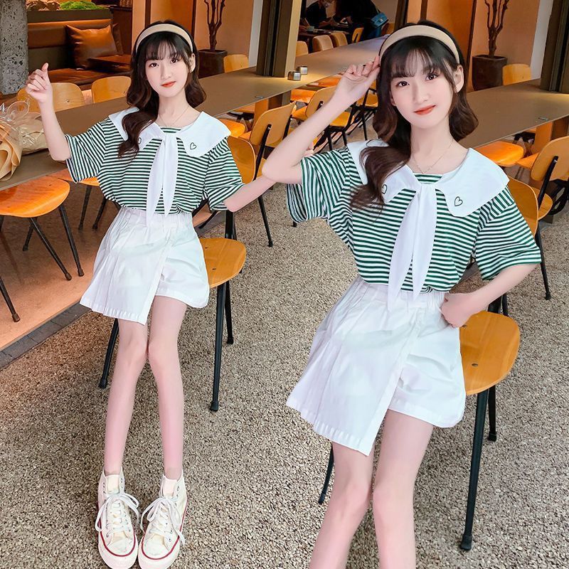 女童套装2024新款夏季韩版中大童洋气甜美条纹短袖时髦裙裤两件套