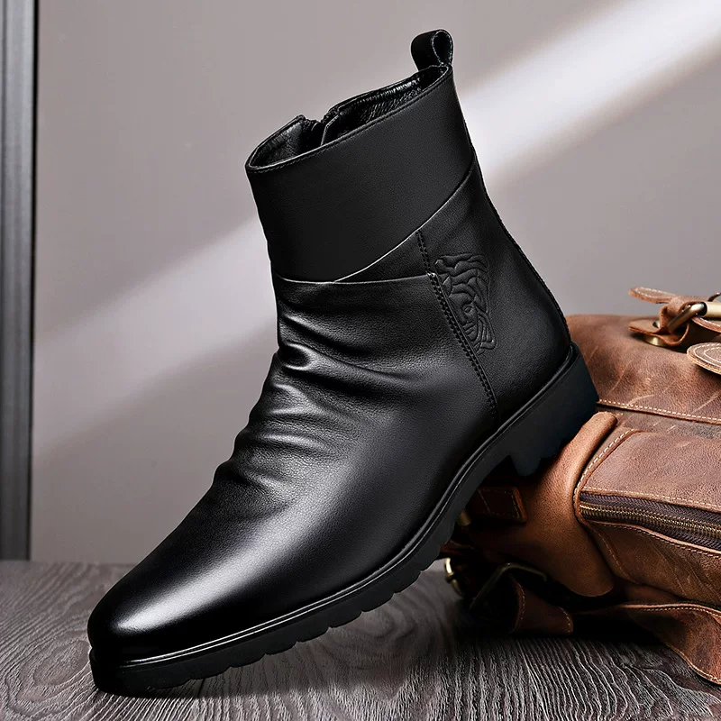 Leather boots Martens with zipper — cowhide ankle boots, fleece-lined option