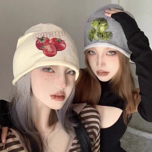 Tomato and Broccoli Fun Rolled Brim Pile Hat Women's Spring and Autumn Thin Cool Cap Y2K Millennium Headwear Hat Men