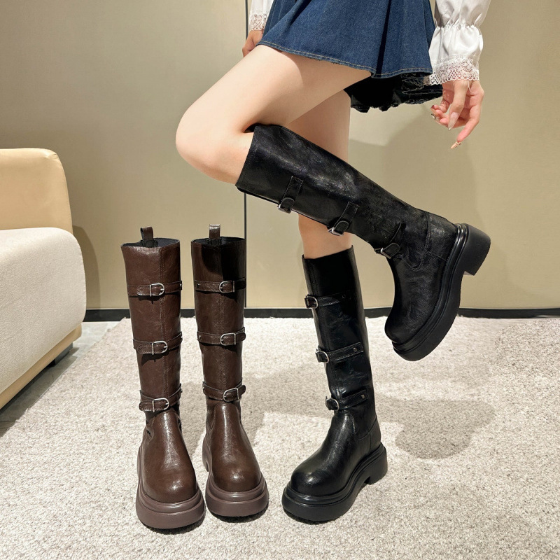 Fat Feet Large Calf Circumference [Chestnut Pattern Three-Button Riding Boots] Soft Leather Thick-Soled Long Boots Extra Wide Plus Size Women's Shoes