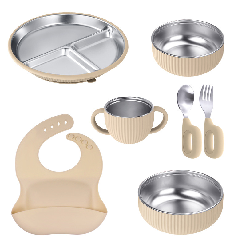 Venta directa de fábrica, vajilla infantil de silicona y acero inoxidable, juego de vajilla creativo de acero inoxidable, tazón de silicona infantil.