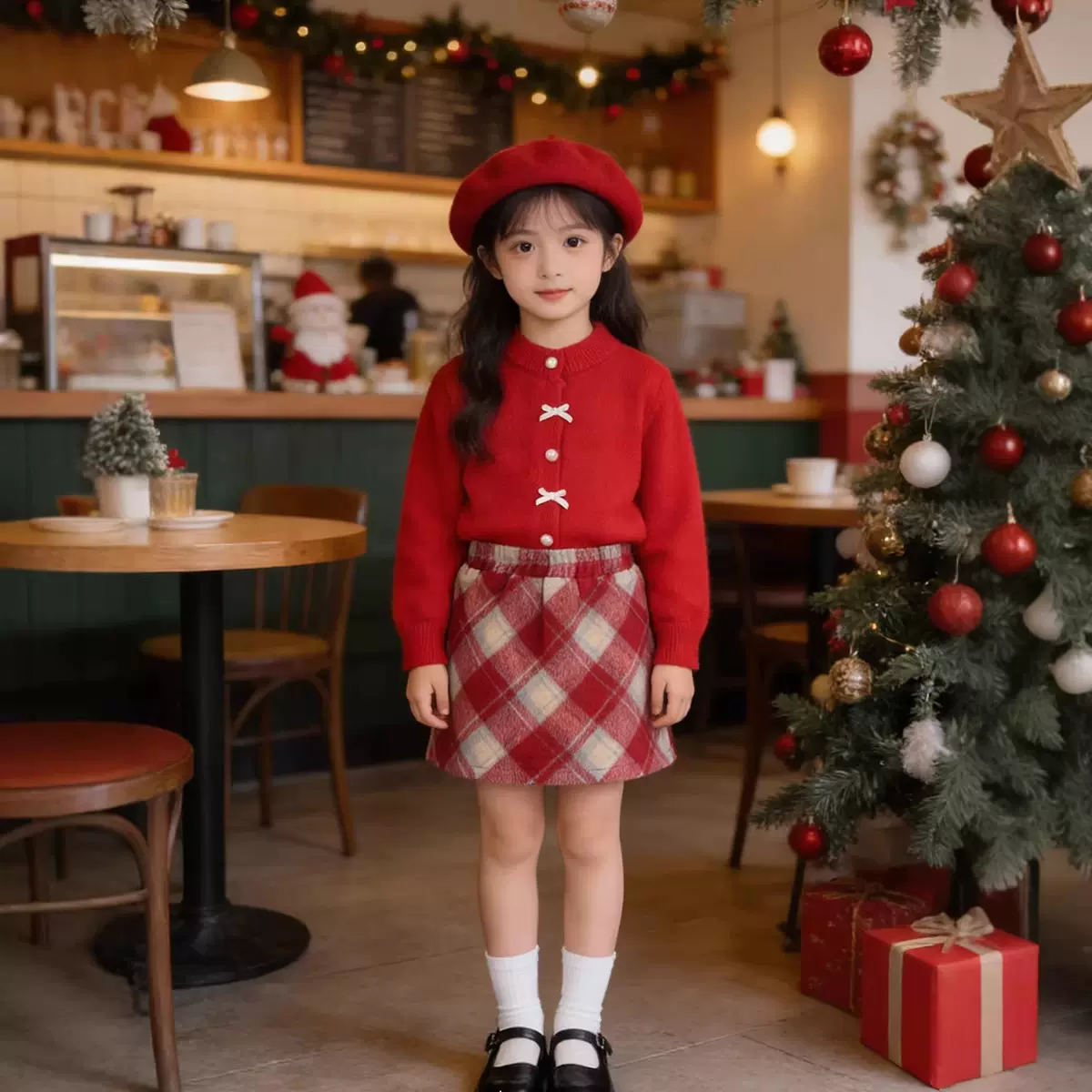 MDD红色格子儿童裙子女童半身裙2025新年秋冬红色毛衣百搭A字短裙