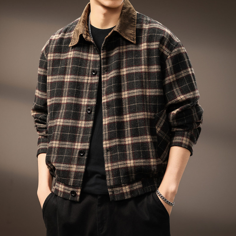 High-end American-style wool blend color-woven jacket for men, featuring a retro, color-blocked, and casual plaid design, perfect for autumn