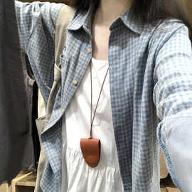 蓝色复古磨毛格子衬衫内搭叠穿马甲女秋冬衬衣外套格子衫长袖涤纶