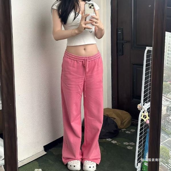 Veryareme 低腰直筒阔腿宽松卫裤运动裤覆盆子色蓝色有吊牌人棉